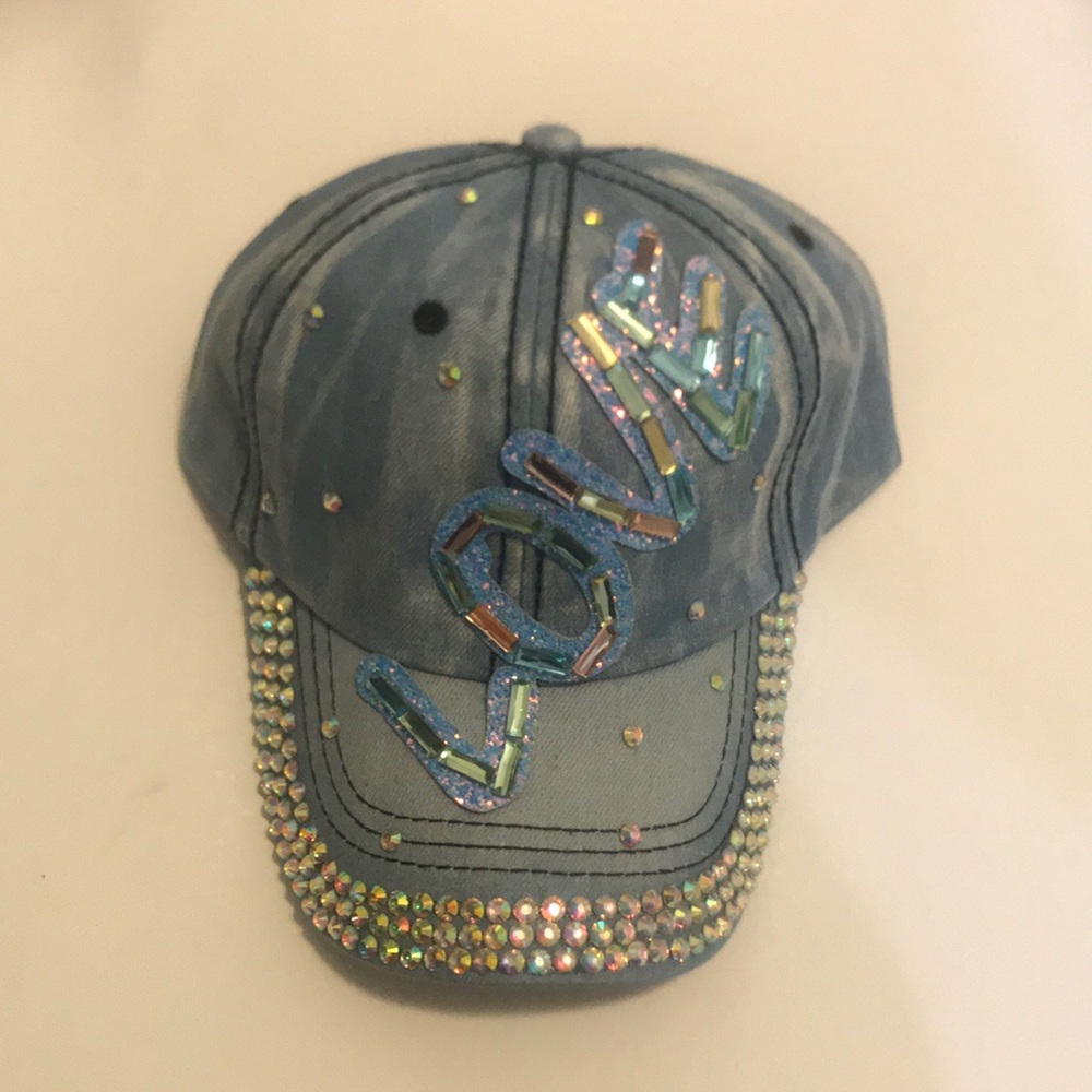 Faded Jean “love” hat with bling